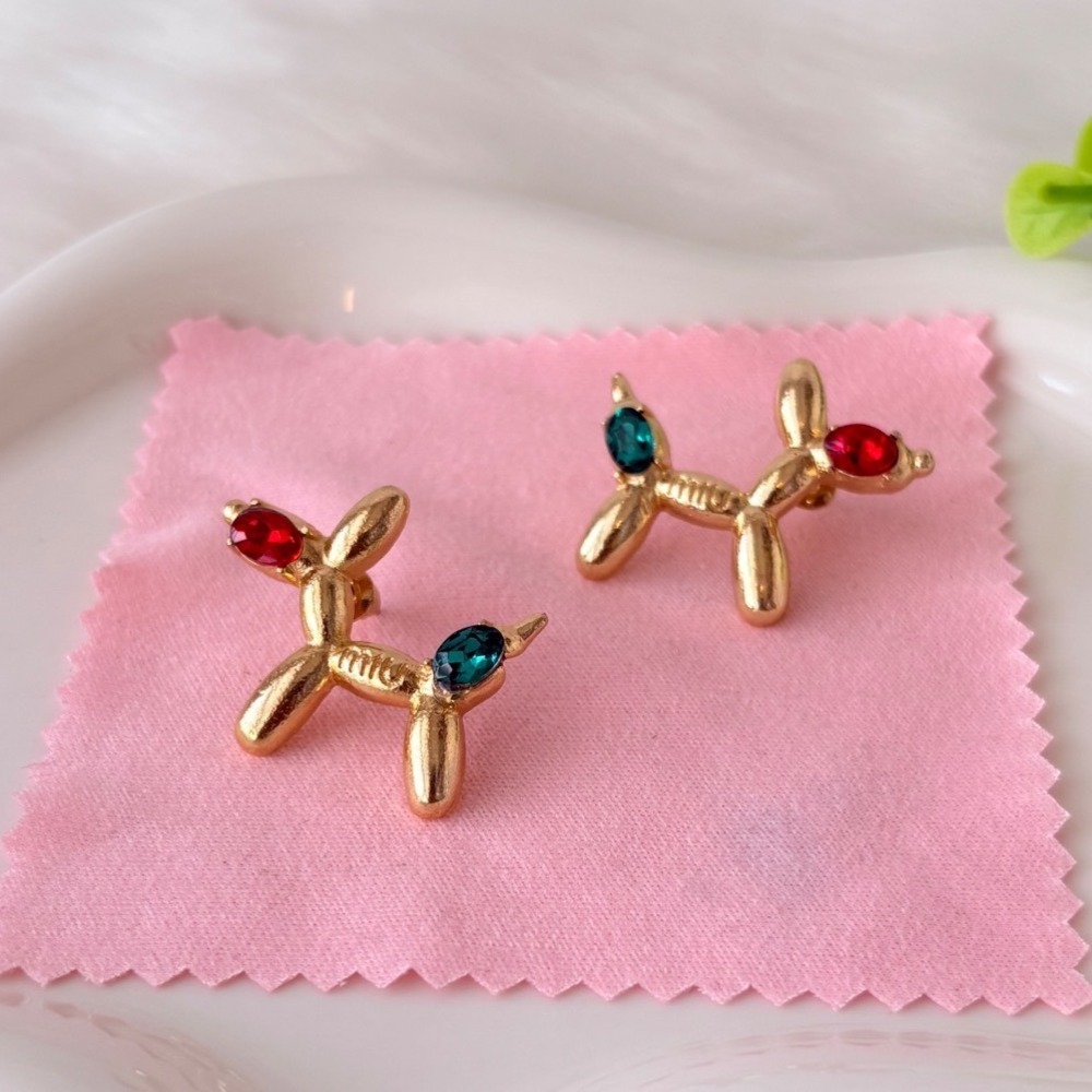 Gold Tone Red & Green Crystal Embellished Balloon Dog Stud Earrings